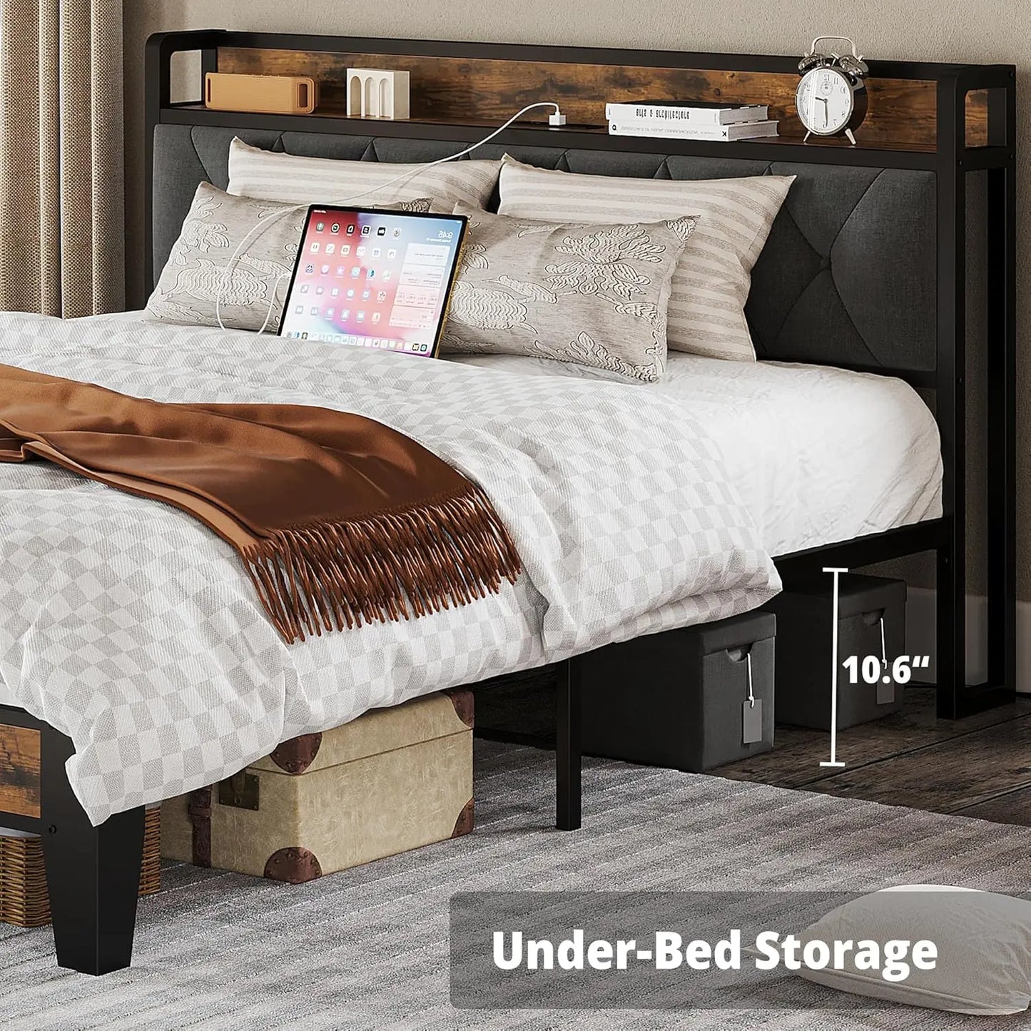 Anctor Storage Headboard Bed Frame With Outlets Noiseless