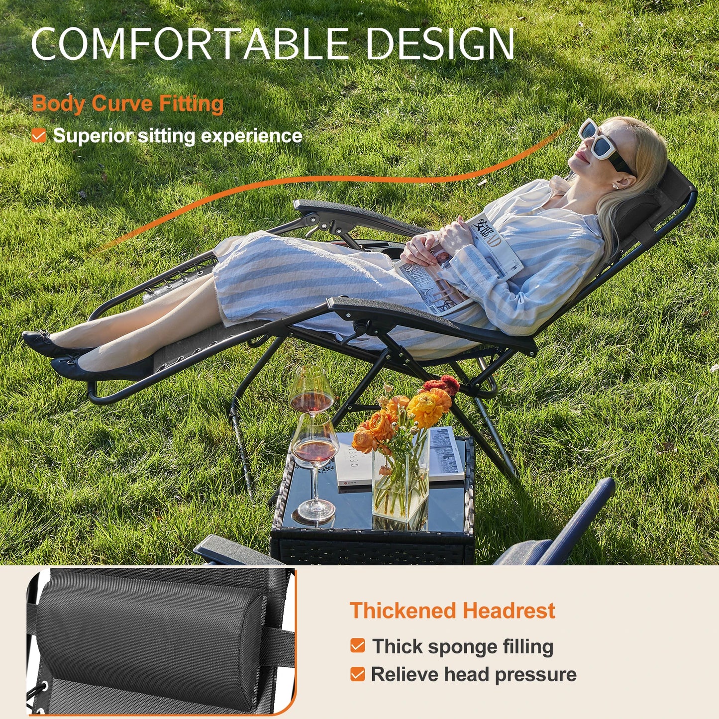 JHK Zero Gravity Set 2 Portable Recliners With Cup Holders