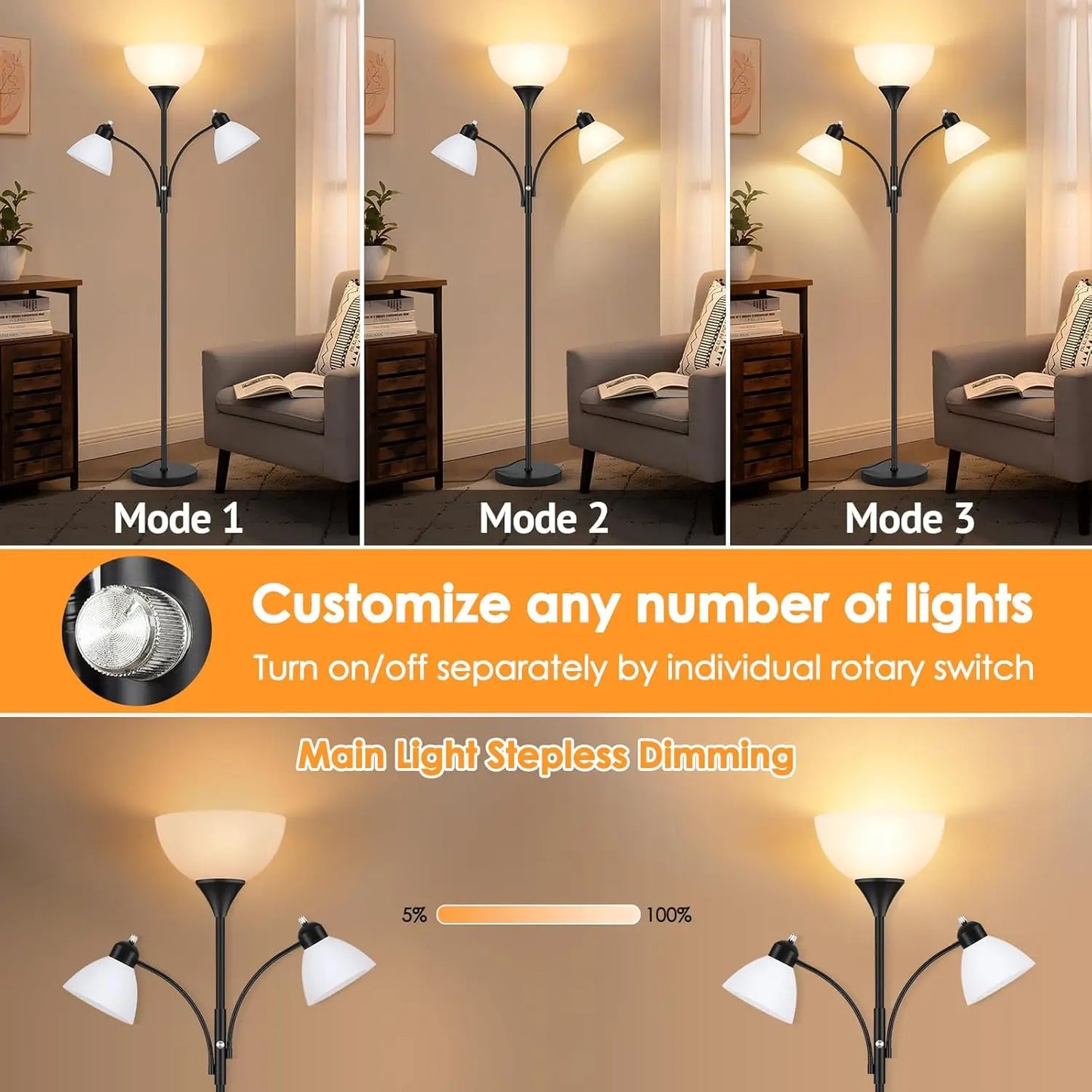 Dimmable Floor Lamp With Two Reading Lights For Living Room