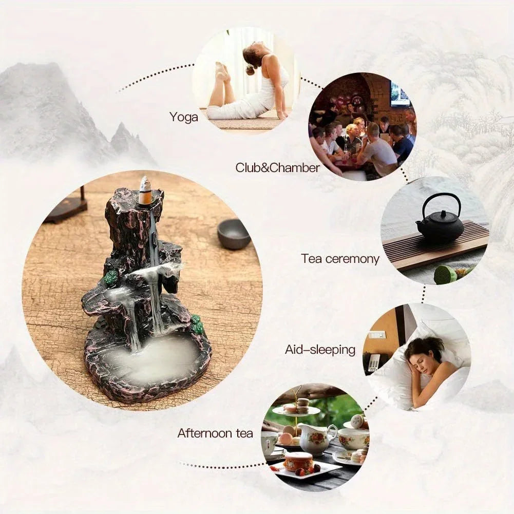 Waterfall Monk Incense Burner Mountain Tower for Home Office Yoga Aromatherapy