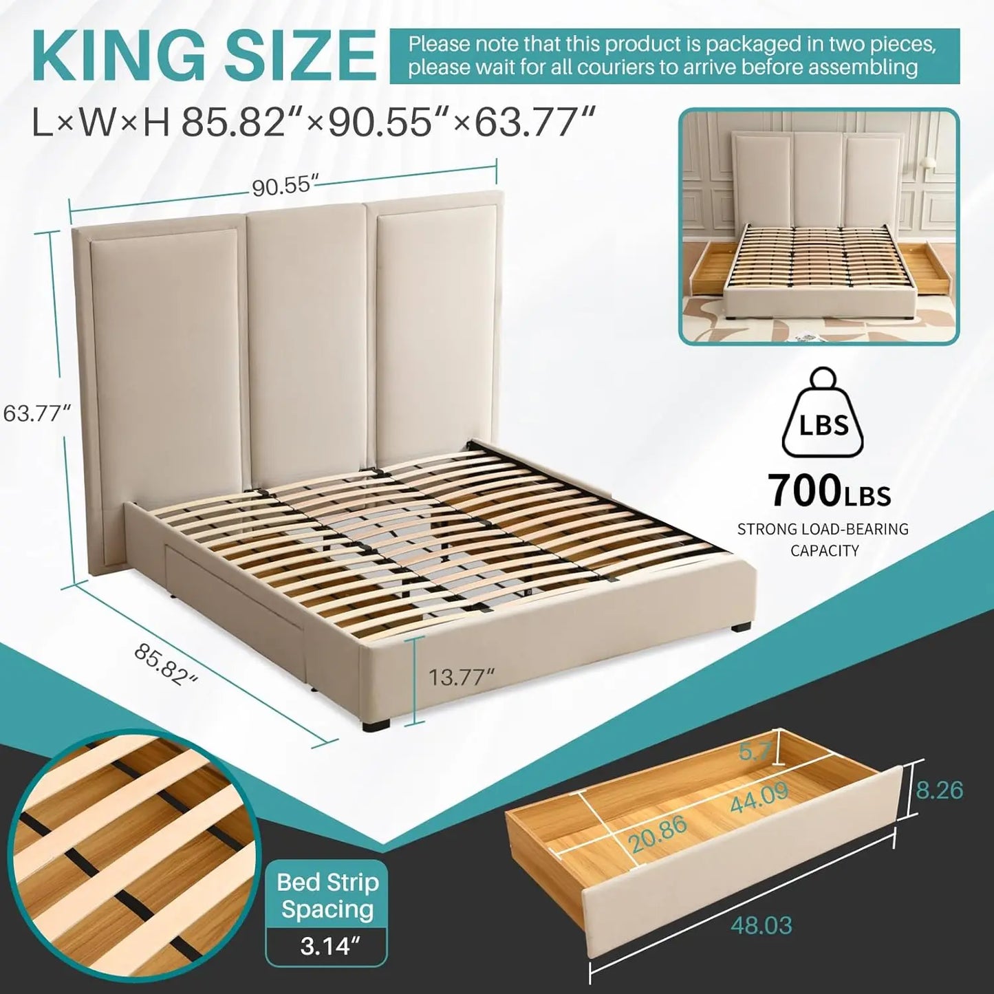 Upholstered Platform Bed With Tall Headboard And Wood Slats