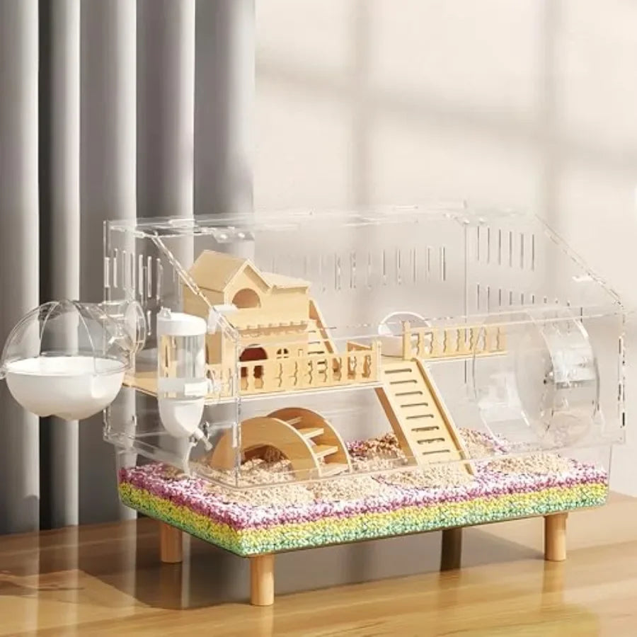 8 in 1 Acrylic Hamster Cage with All Accessories2Layer Hamster House with Full Transparent Viewing Top Open Mouse Cage for Pet