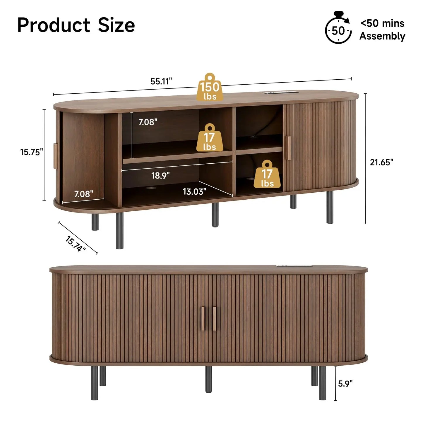 ONBRILL TV Stand With Power Outlet And Adjustable Shelves