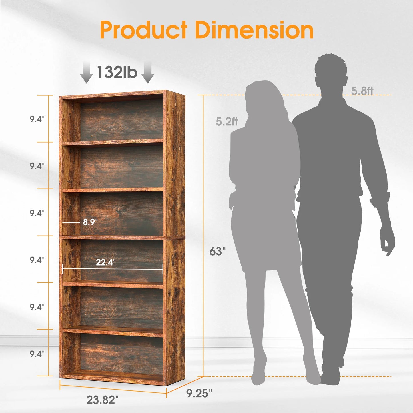 MCQ 6 Shelf Wooden Bookcase With Open Display And Storage
