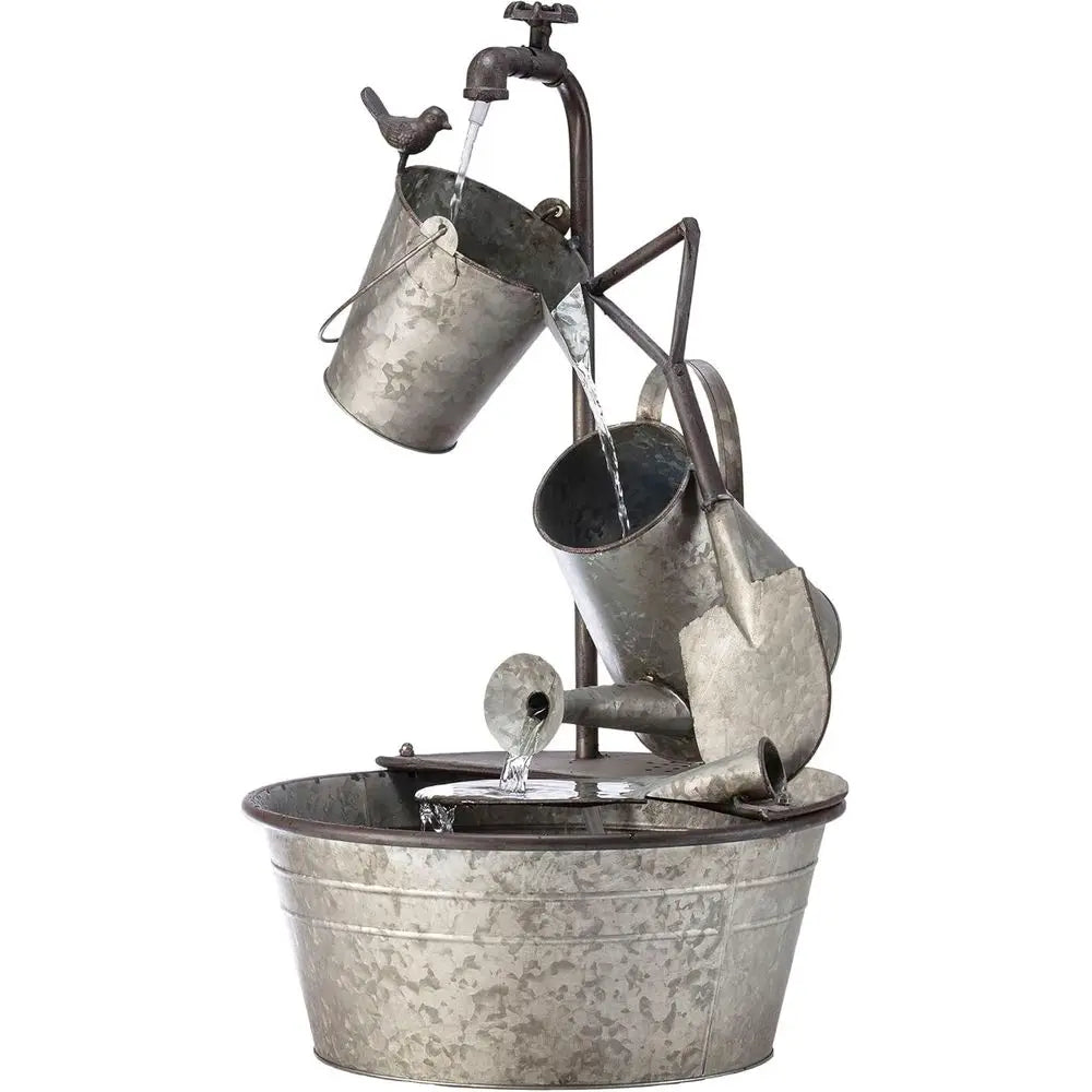YHL106 Outdoor loor 3-Tiered Metal Garden Tools Water ountain, Tools and aucet Waterall, 28", Gray