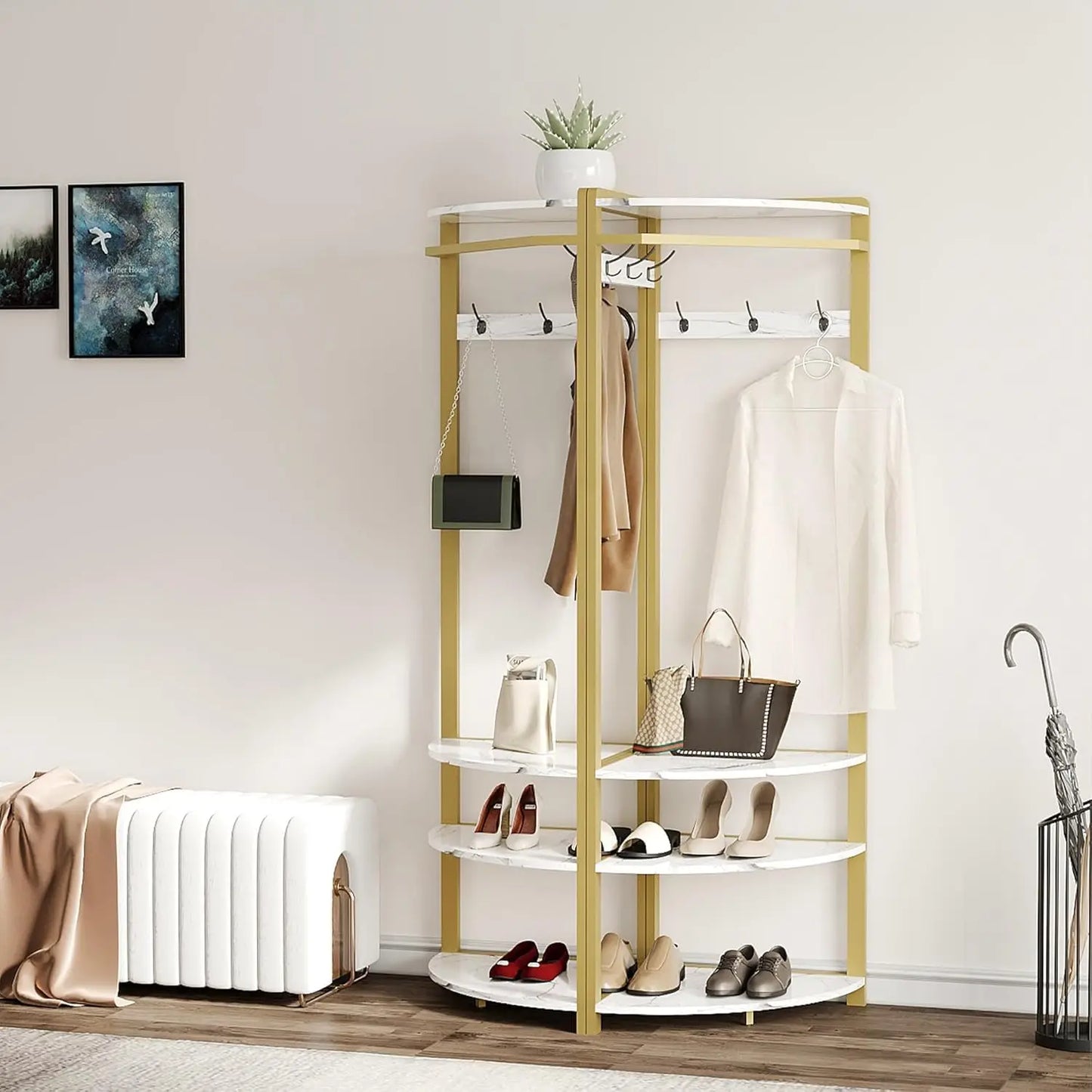 HiMISS Corner Coat Rack Stand Hall Tree With 6 Hooks