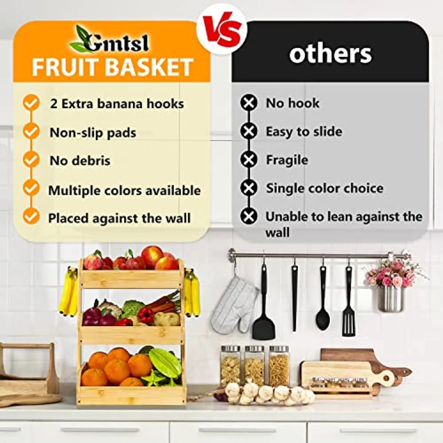 Bamboo 3-Tier Fruit Basket With Banana Hangers For Kitchen