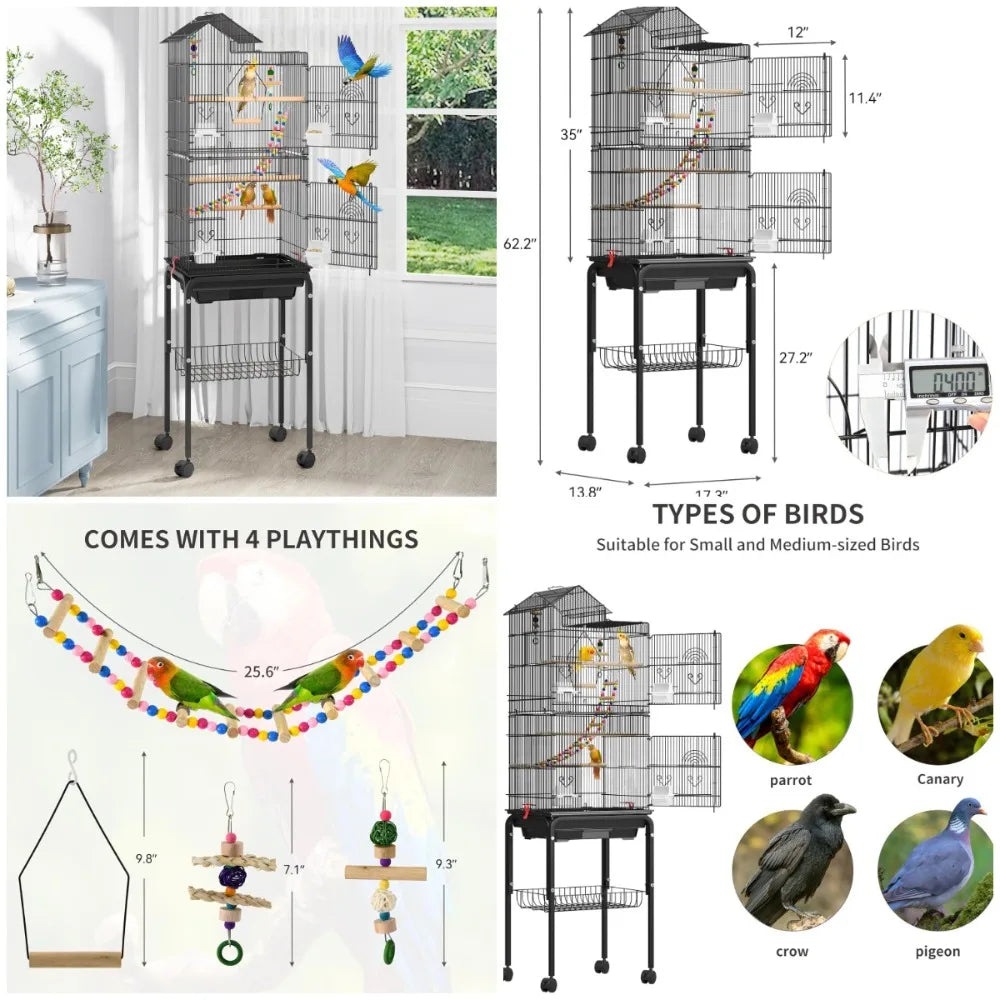 Stainless Steel Bird Cage With Rolling Stand And Four Doors For Indoor Use
