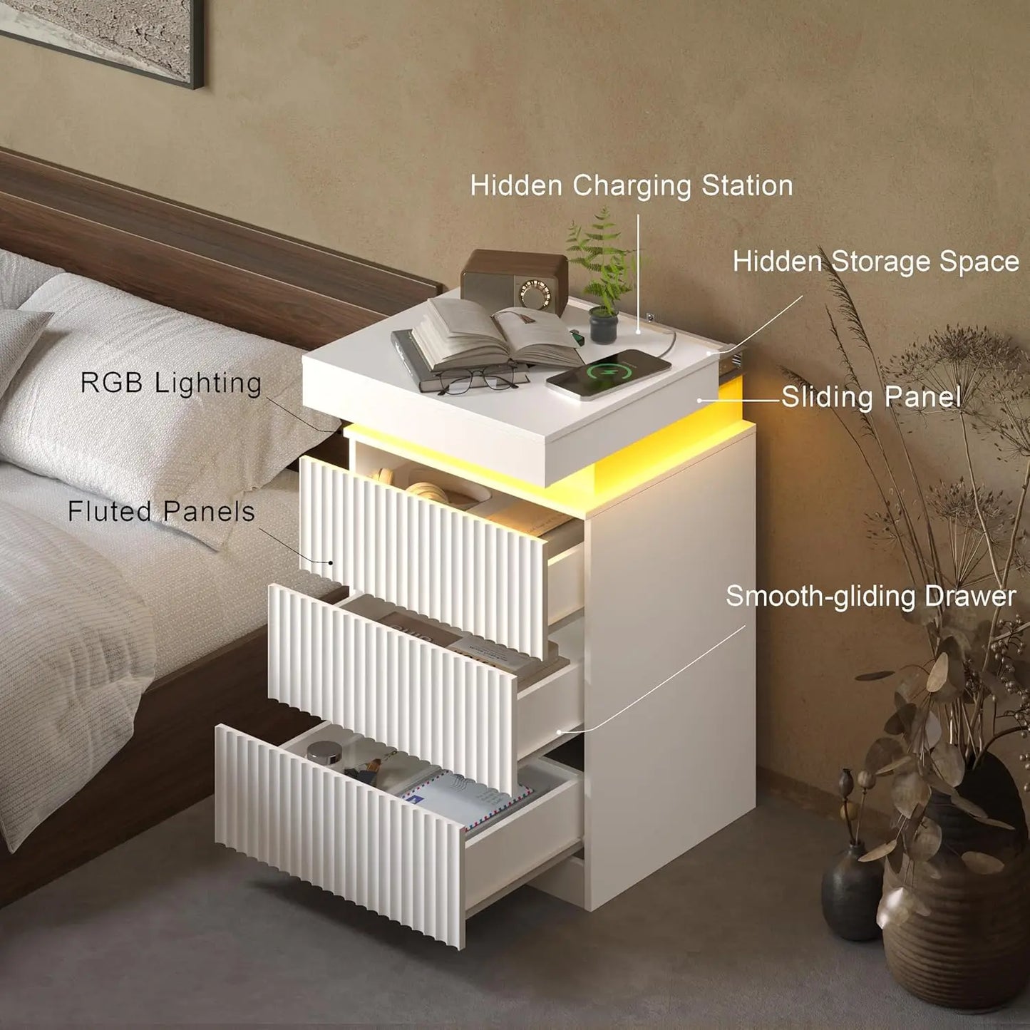 Nightstands 2-Pack with LED Charging Station, Mid Century Modern