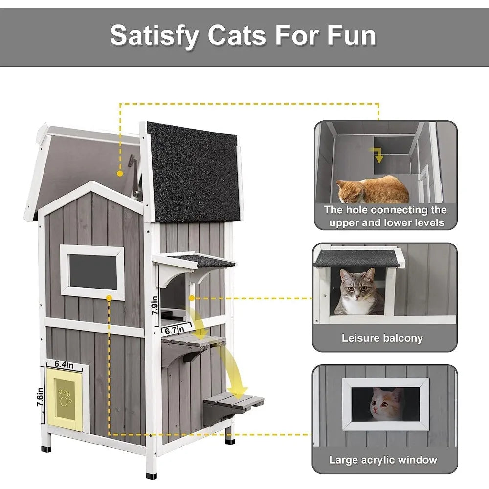 Outdoor Cat Shelter Two-Story Wooden Feral Cat House Openable Roof
