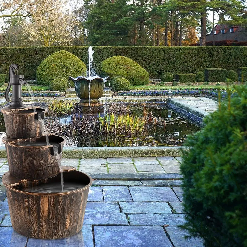 40-Inch 3 Tier Barrel Waterall ountain Outdoor Water ountains Barrel Wood 3-Tier reestanding Rustic Pump or Garden Patio Backyar