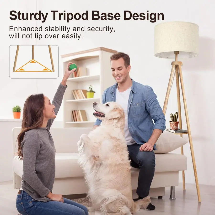 Wood Tripod Floor Lamp With Shelves Remote Control LED