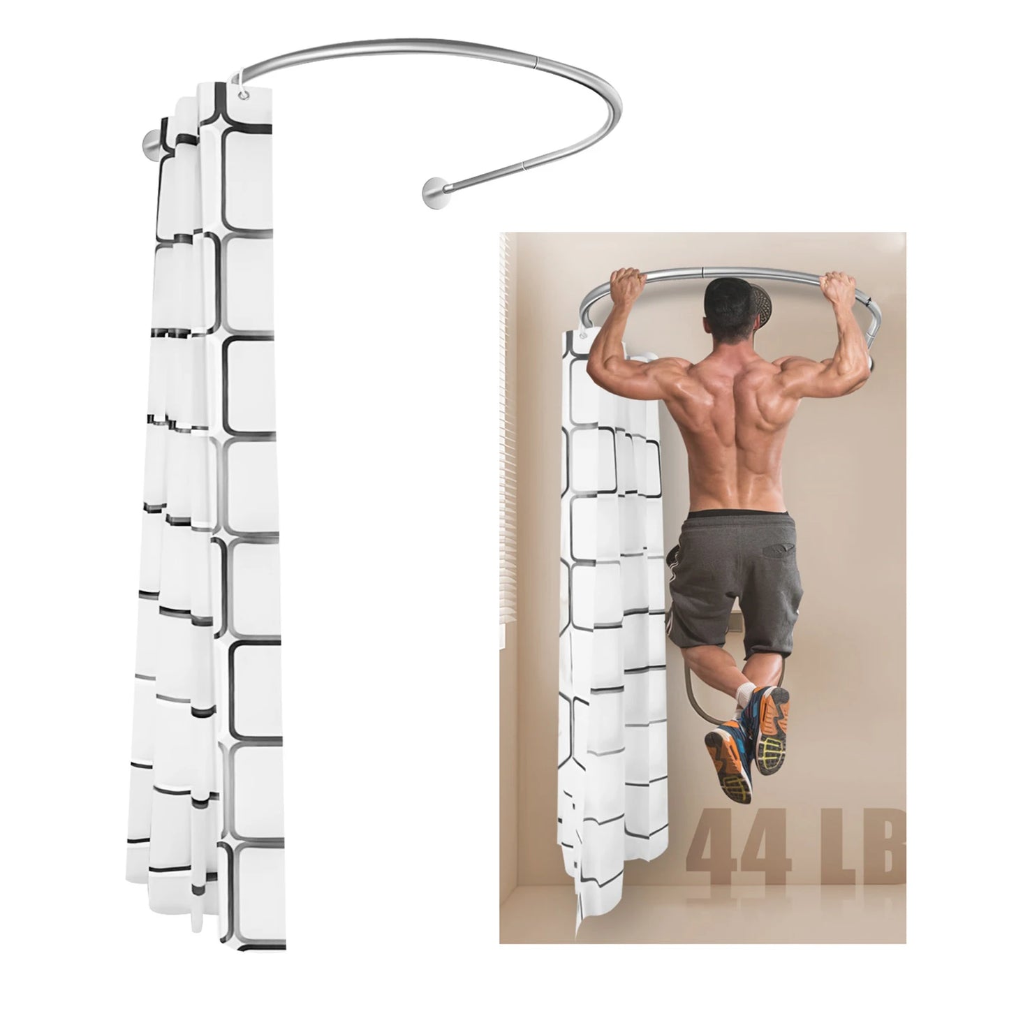 Stainless Steel No-Drill L-Shape Shower Curtain Rod With Curtain