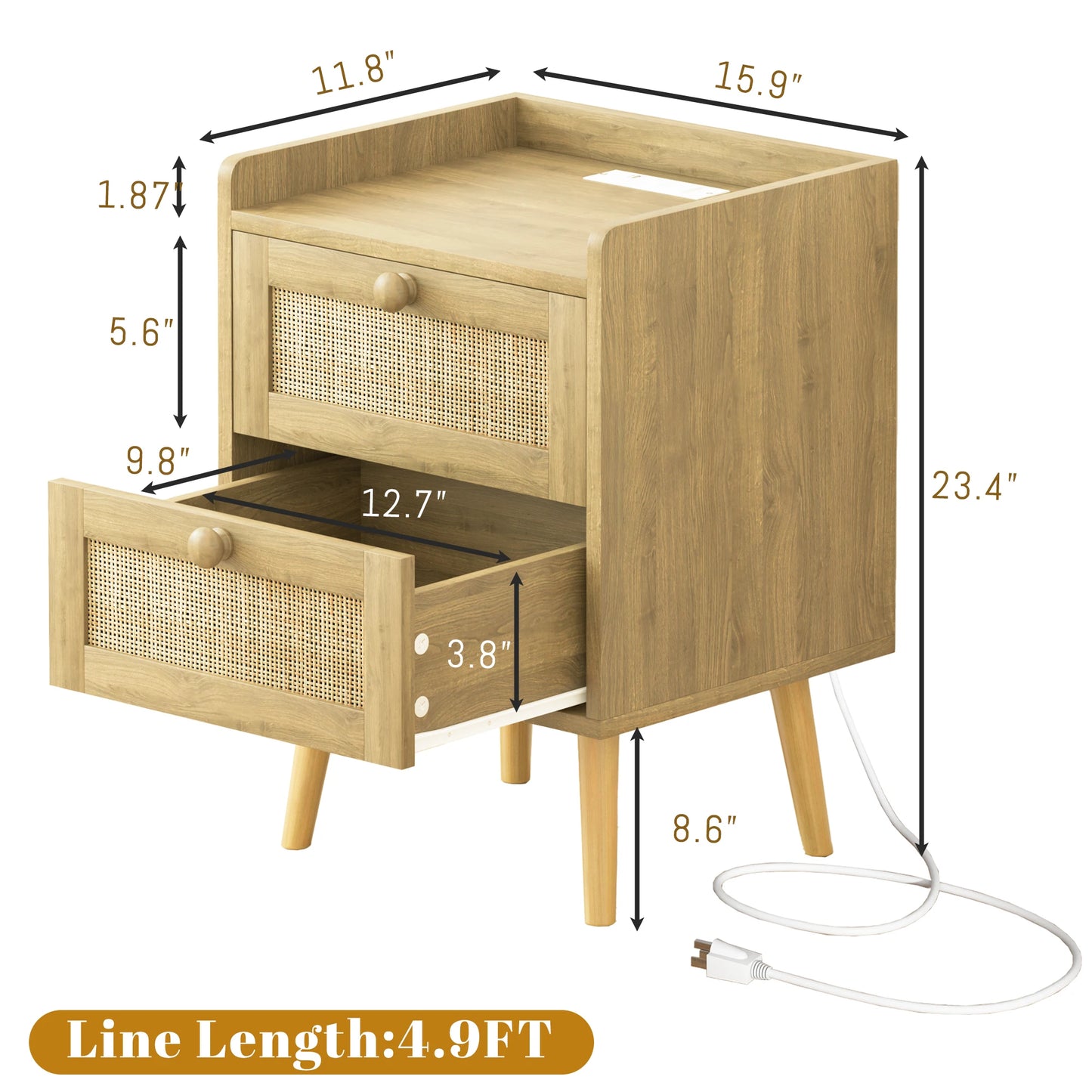 Rattan Nightstand With Charging Station And 2 Drawers, Rustic Bedside Table