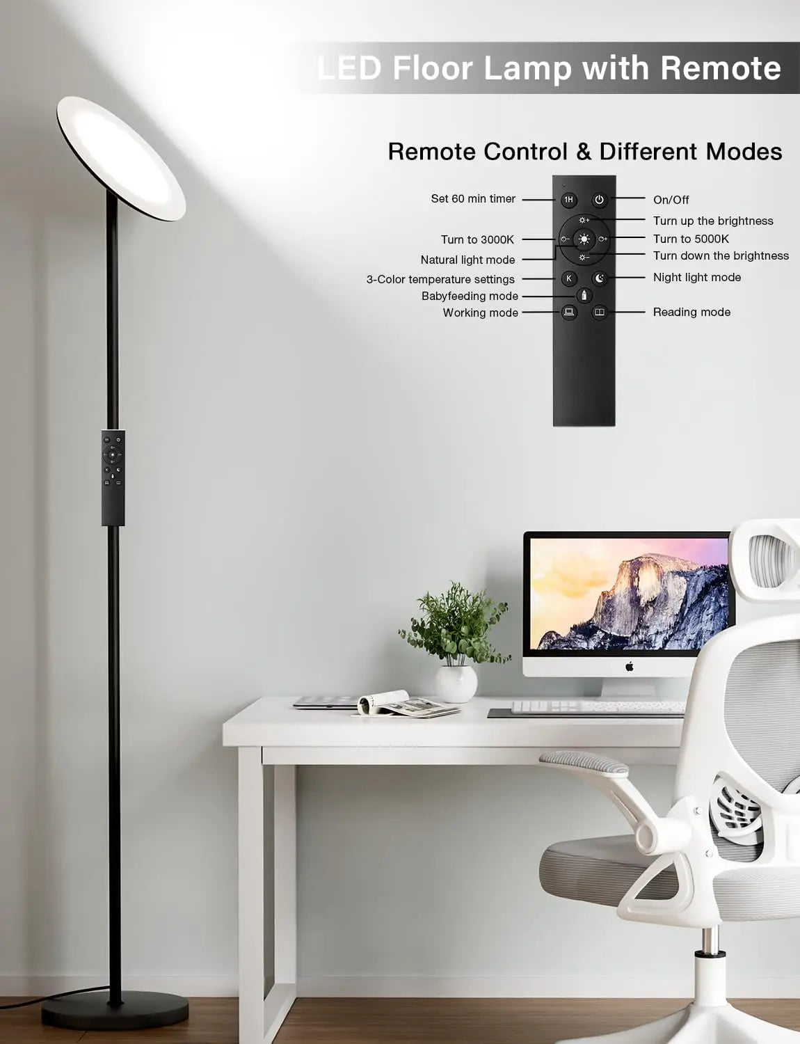 Remote LED Floor Lamp With Dimmable Three Color Temperatures