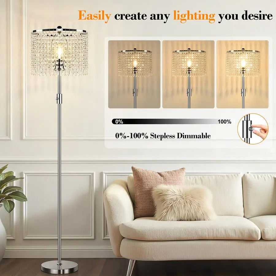 Dimmable Crystal Floor Lamp For Living Room With Knob Switch