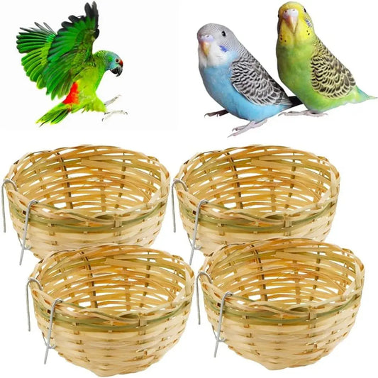 NONE Handwoven Bamboo Bird Nest Cage With Hook For Small Parrots Pack Of 4