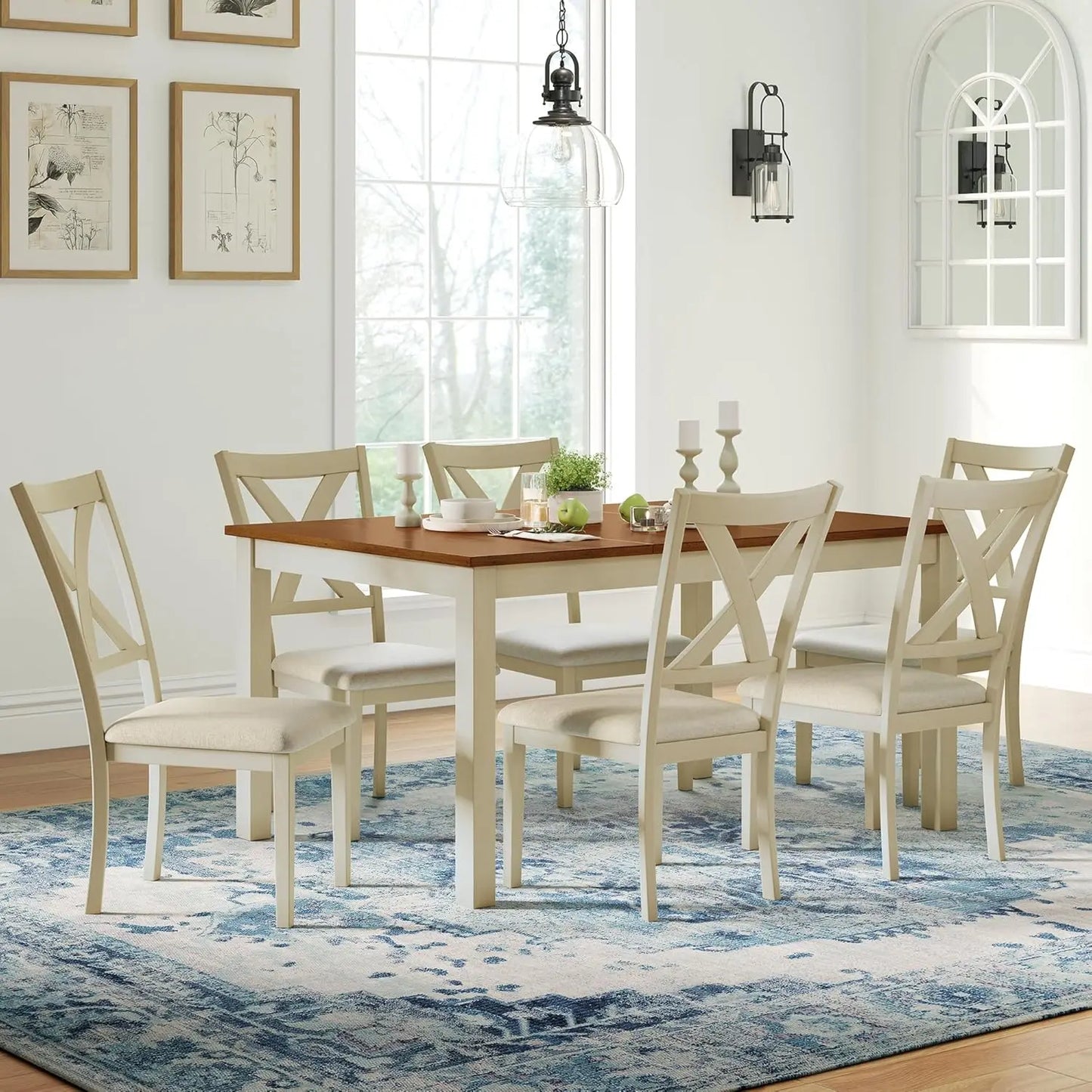 Farmhouse Solid Wood Dining Table Set With Upholstered Chairs