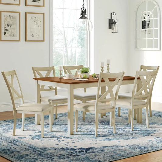 Farmhouse Solid Wood Dining Table Set With Upholstered Chairs