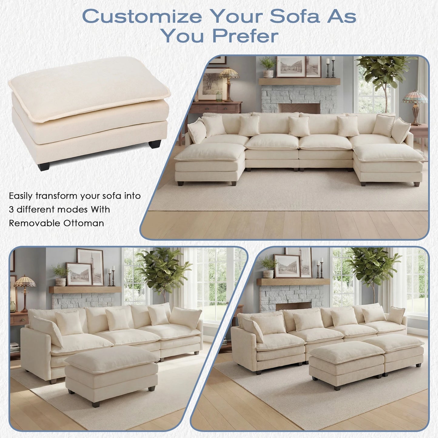 Redlife Modular Sectional Sofa With Ottoman And Wood Frame