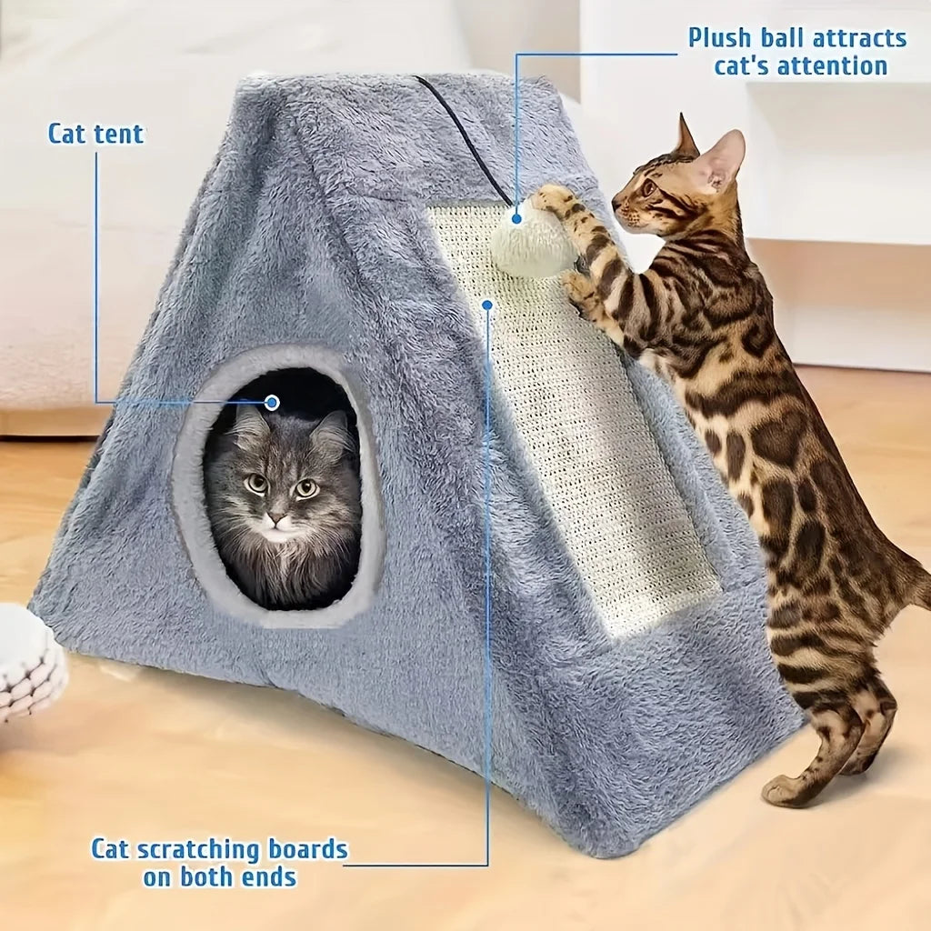 Cat Bed With Plush Ball Toy And Scratching Board