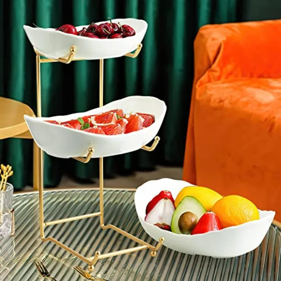 Ceramic Three-Tier Fruit Bowl With Metal Stand For Countertop