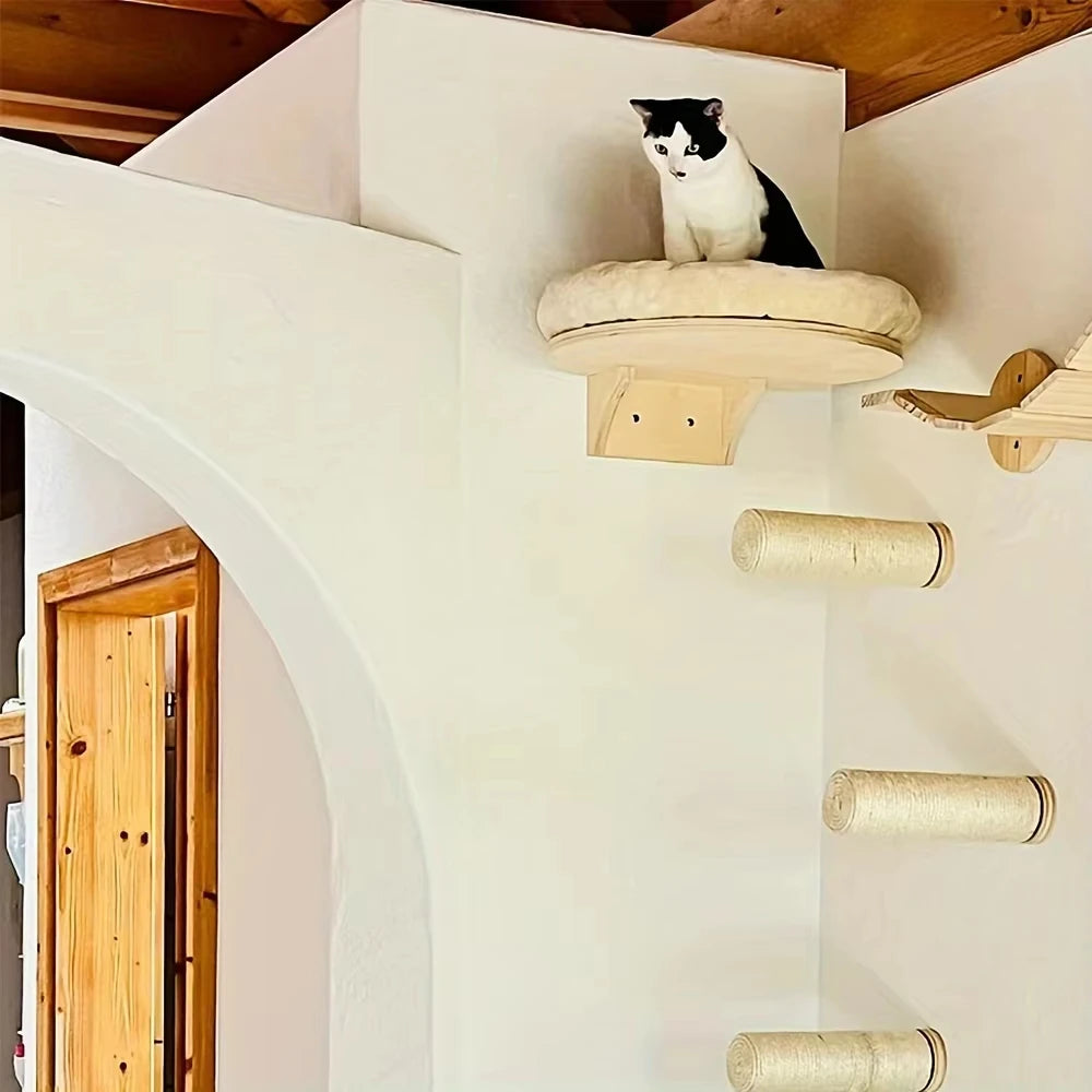 Cat Wall Mounted Solid Wooden Climbing Ladder Hammock Scratching Post