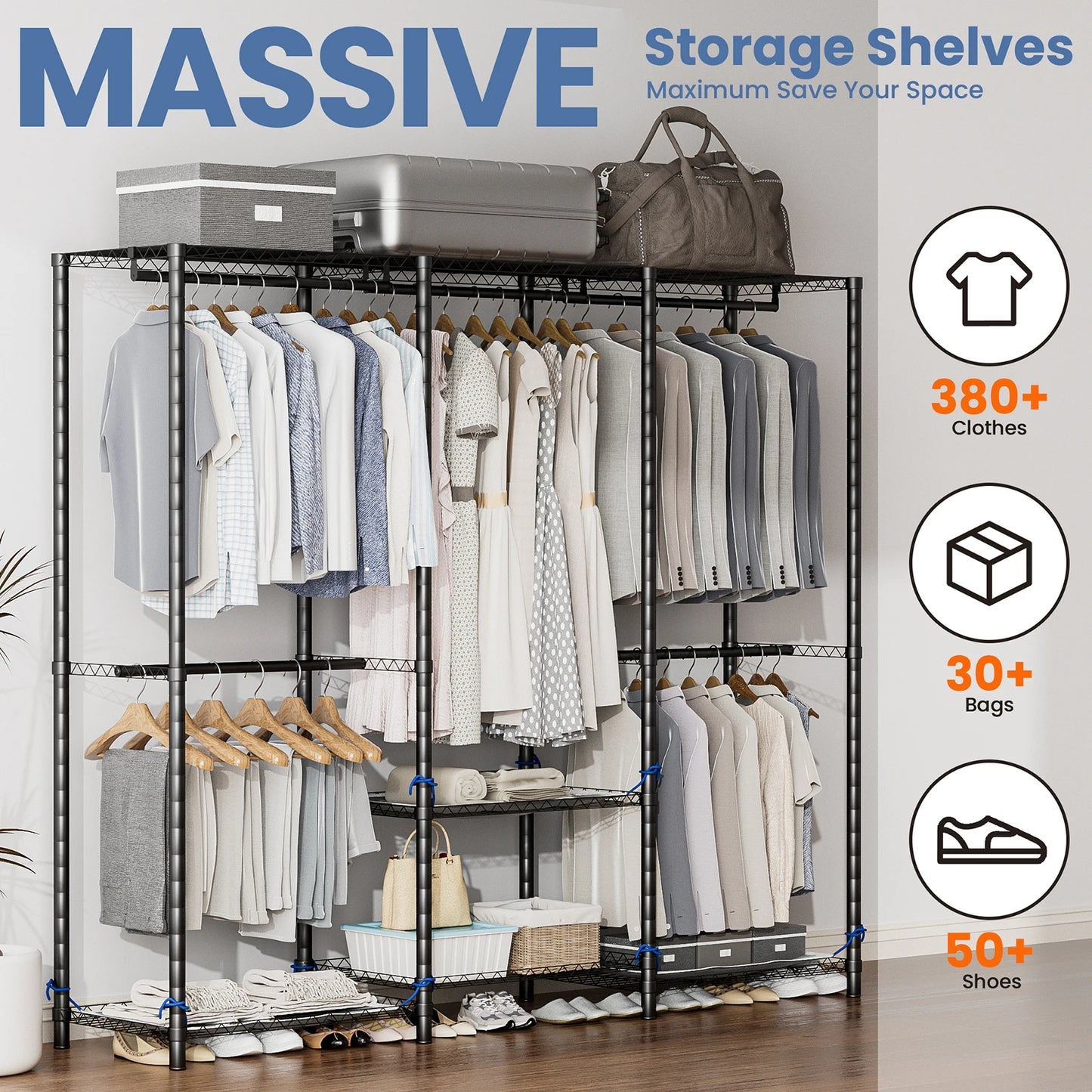 Portable DIY Closet Storage Wardrobe With Adjustable Bottom
