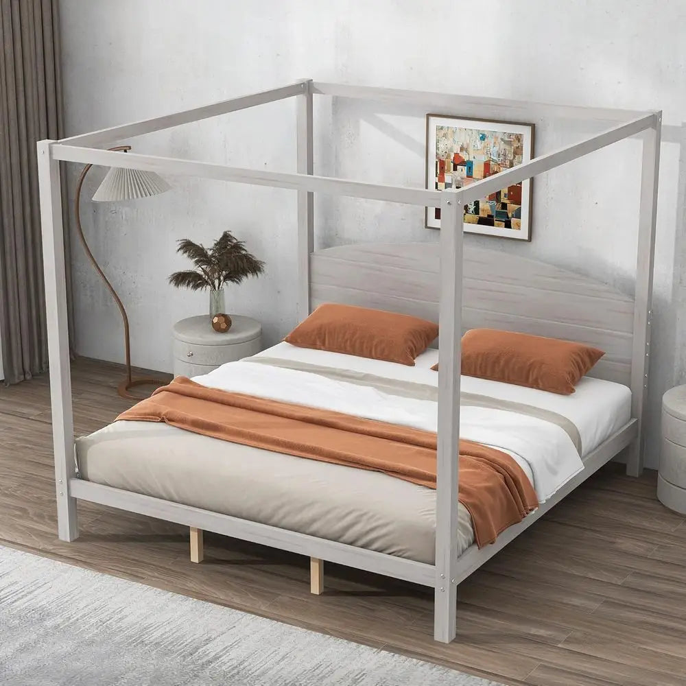 Wood Canopy Bed With Solid Headboard And Four Poster Posts