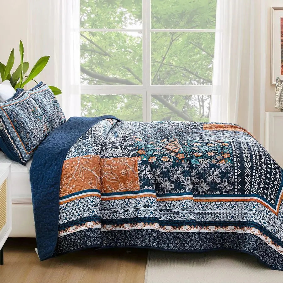Patchwork Bohemian Quilt Set Reversible Floral Bedding