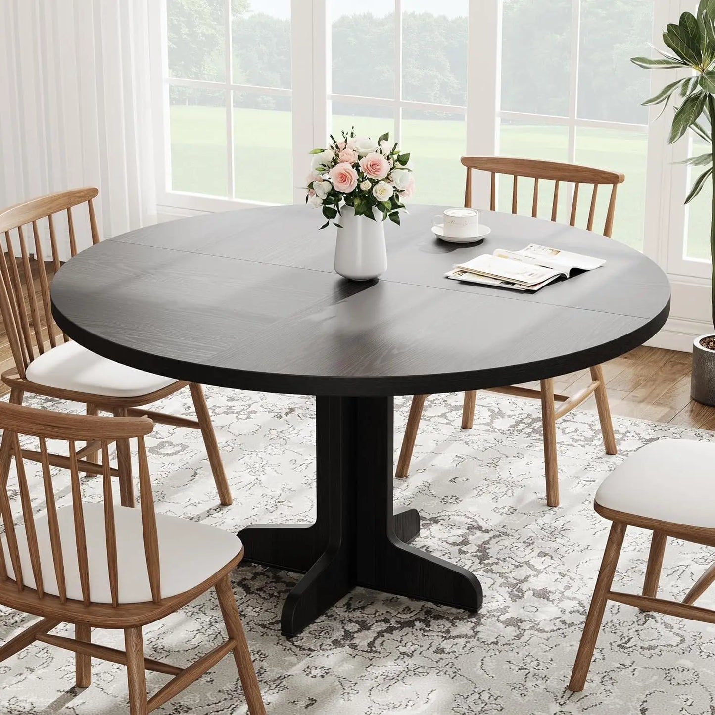 Studyset Farmhouse Round Dining Table With Wood Top And Stable Base