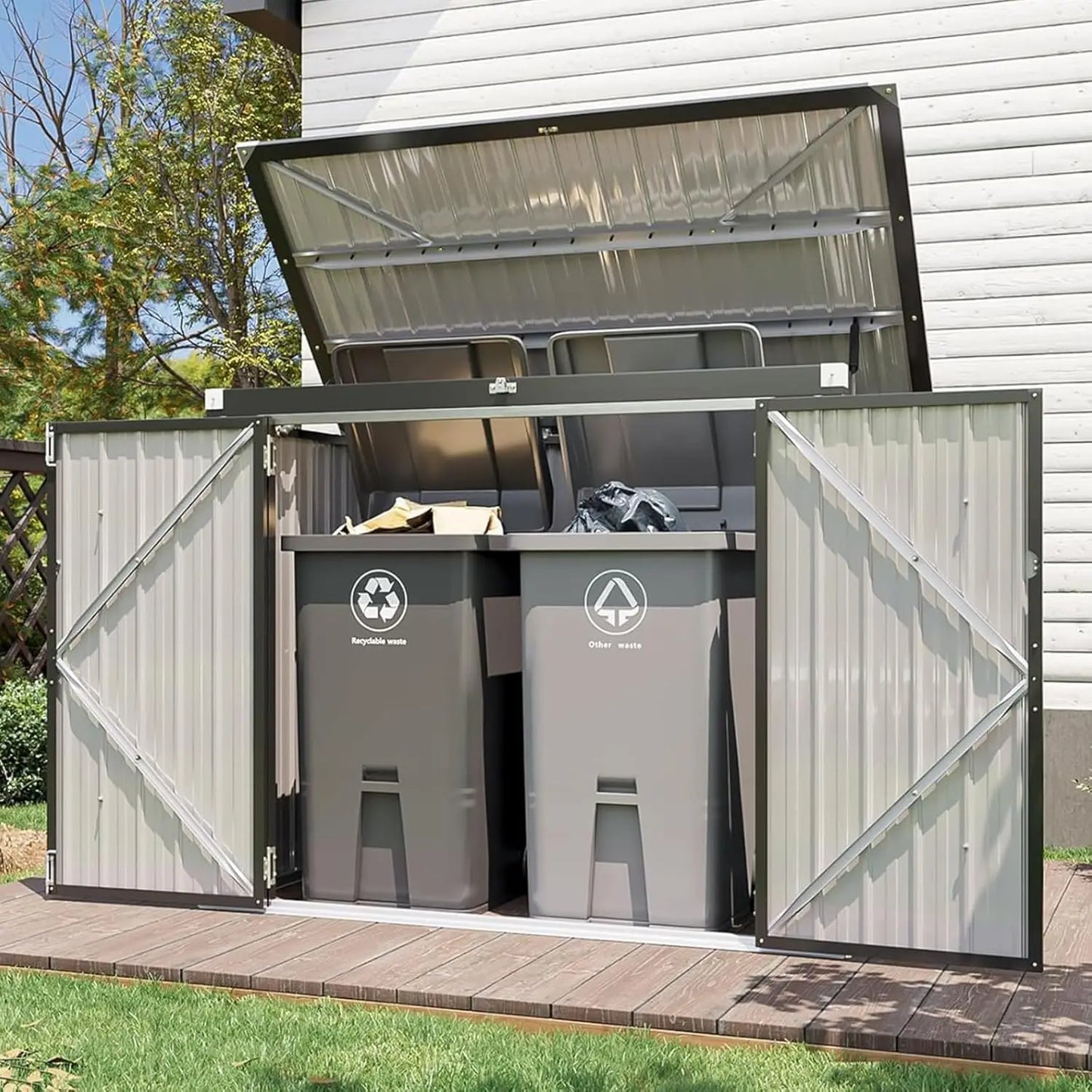 Metal Outdoor Storage Shed With Chain Lid for 2 Bins