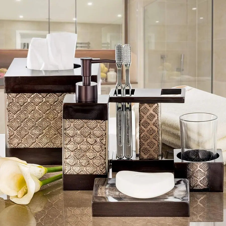 Dahlia Brown Resin Bathroom Accessories Set Luxury Decor