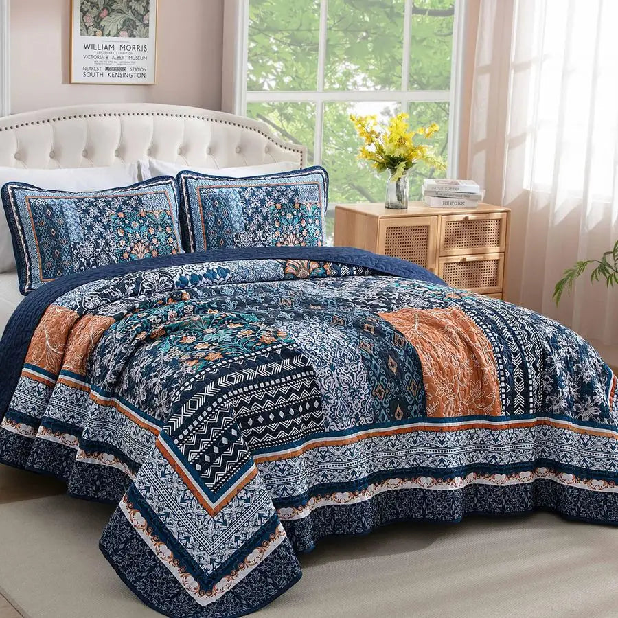 Patchwork Bohemian Quilt Set Reversible Floral Bedding
