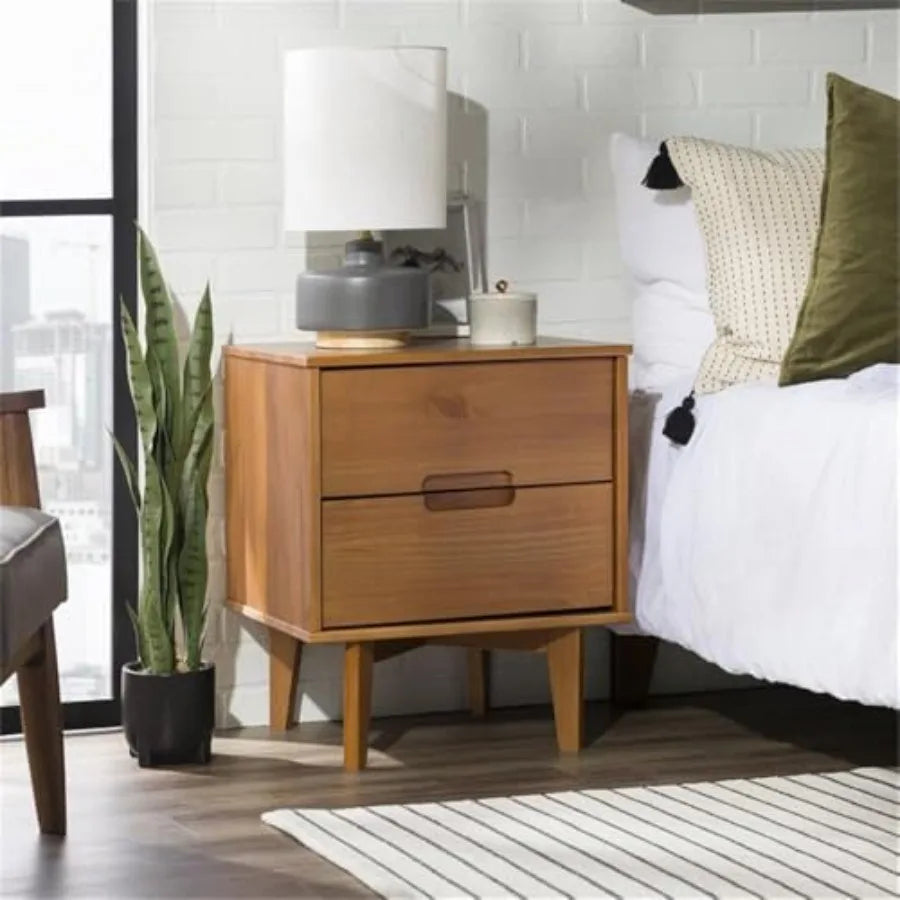 OLOEY Mid Century Modern Wood Nightstand With Grooved Handle Drawers