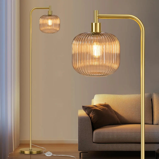 Modern Glass Floor Lamp with Ribbed Champagne Shade, Brushed Gold Finish, 67" Tall for Living Room & Bedroom