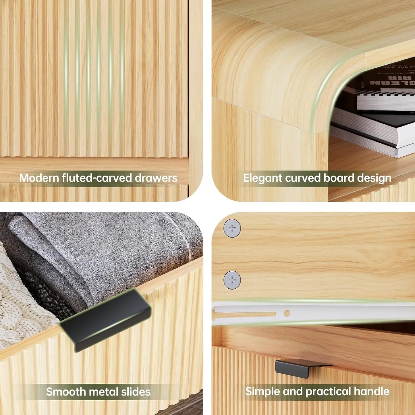 MOYU Fluted Nightstand With Charging Station And Two Drawers