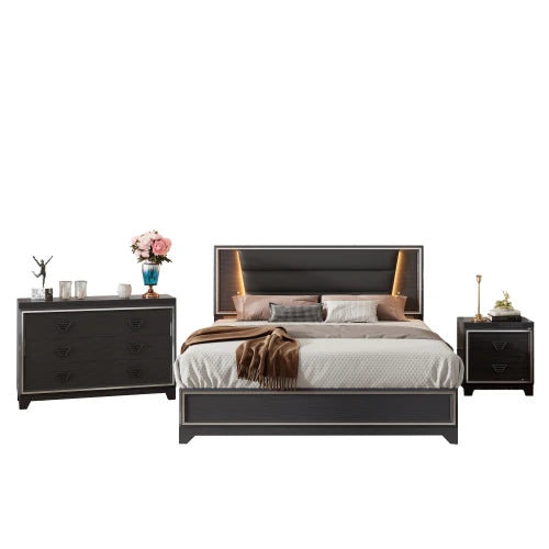 3 Piece Bedroom Set Upholstered Bed With Nightstands Dresser Led