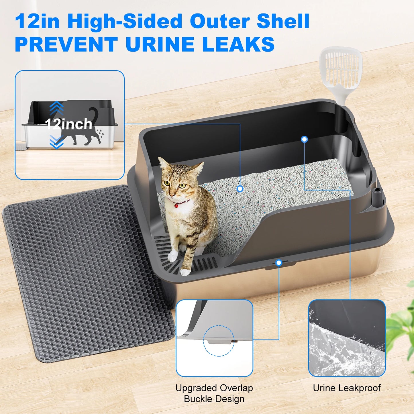Stainless Steel Cat Litter Box Splashproof Leakproof