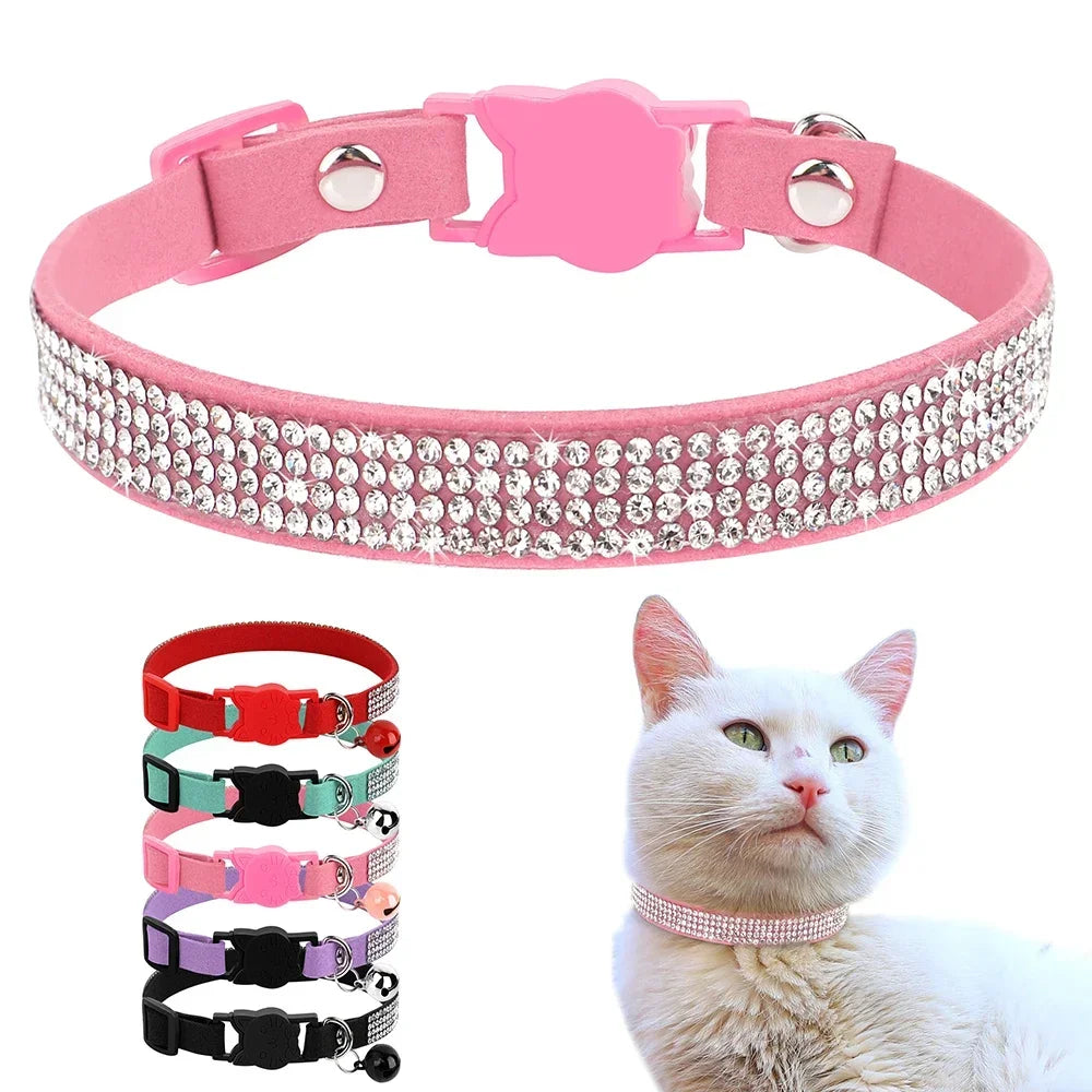 Soft Suede Cat Collar With Rhinestones And Bell Breakaway Adjustable