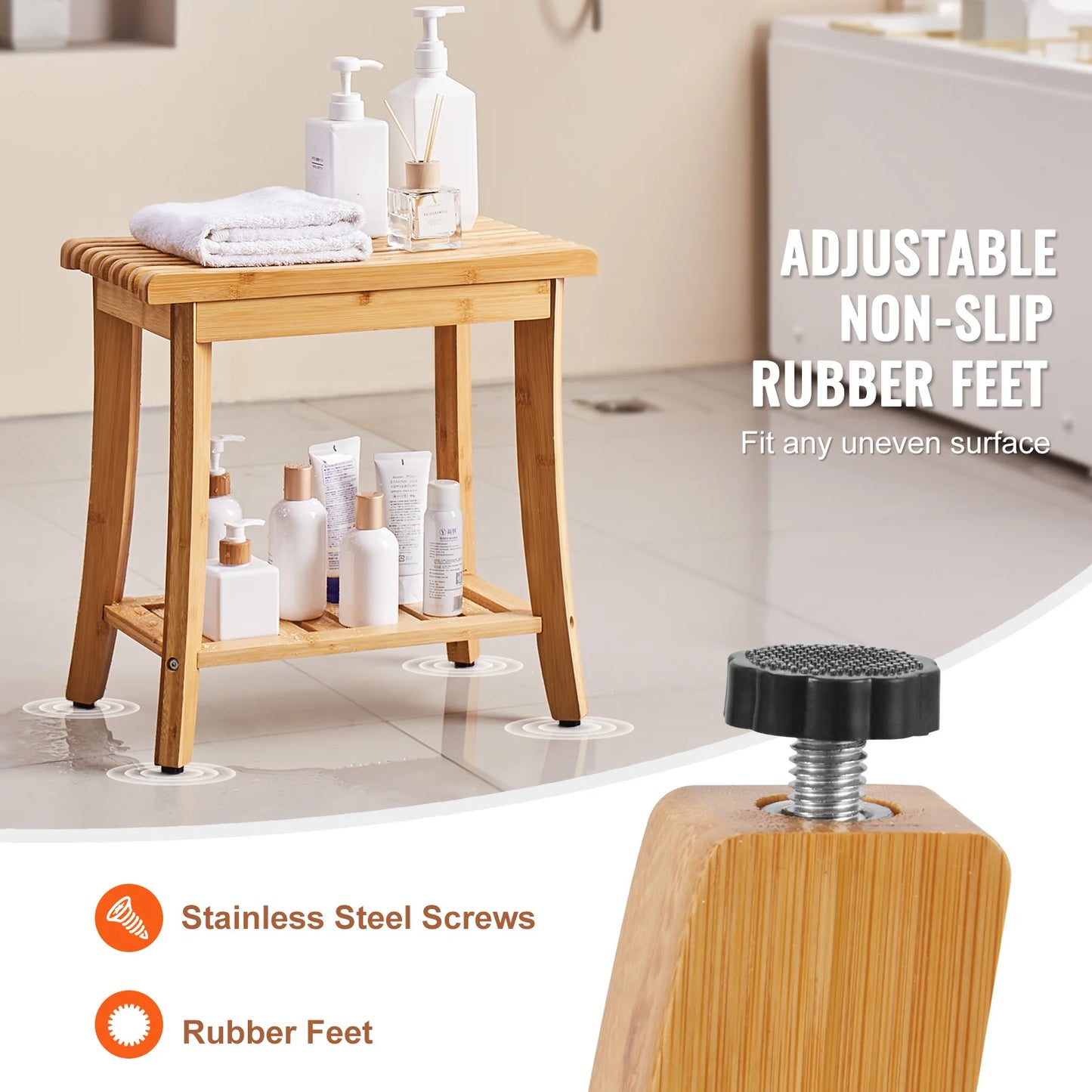 SucceBuy Bamboo Shower Bench With Storage Shelf 330lbs Capacity