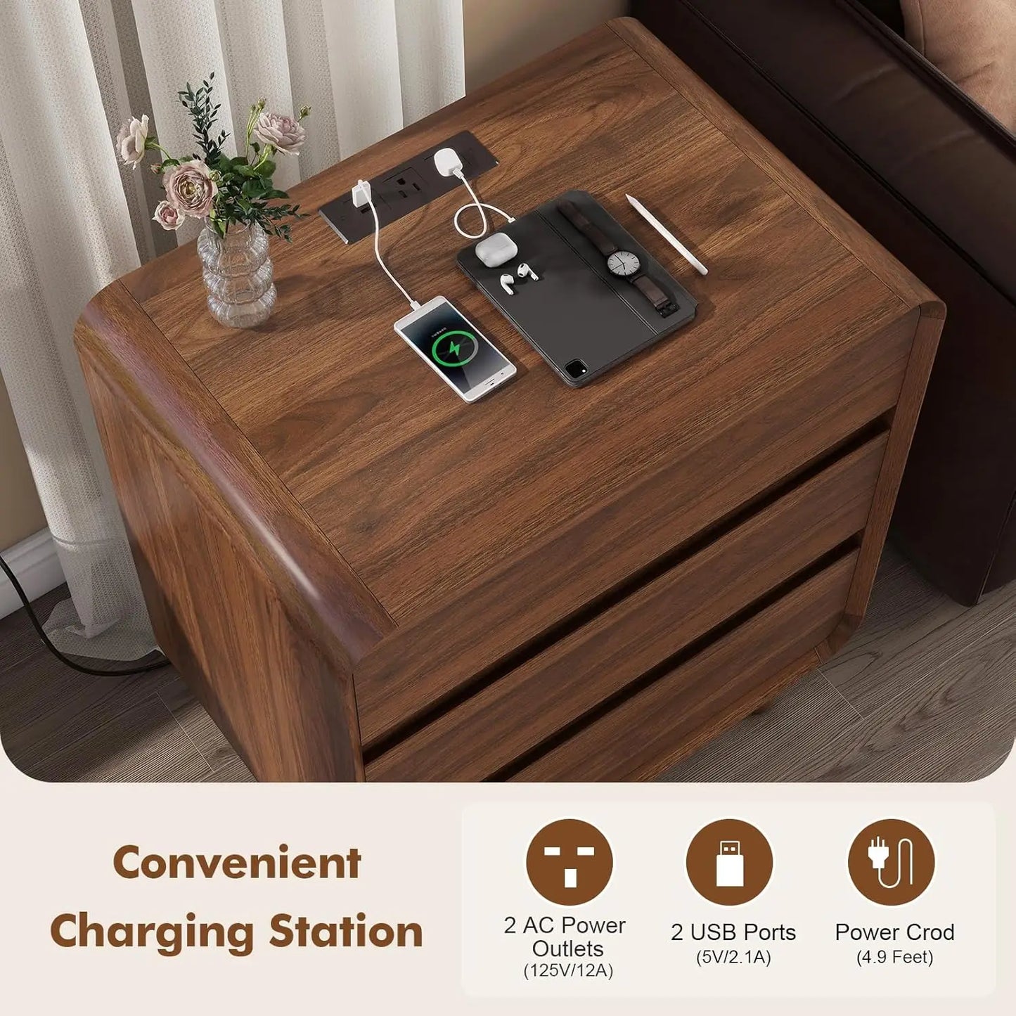 Mid Century Wooden Nightstands With Charger Station Set Of 2