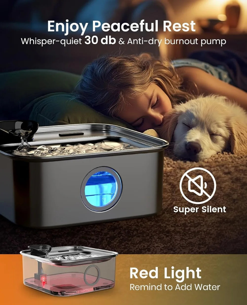 Stainless Steel Dog Water Fountain for Large Breeds Quiet Pump