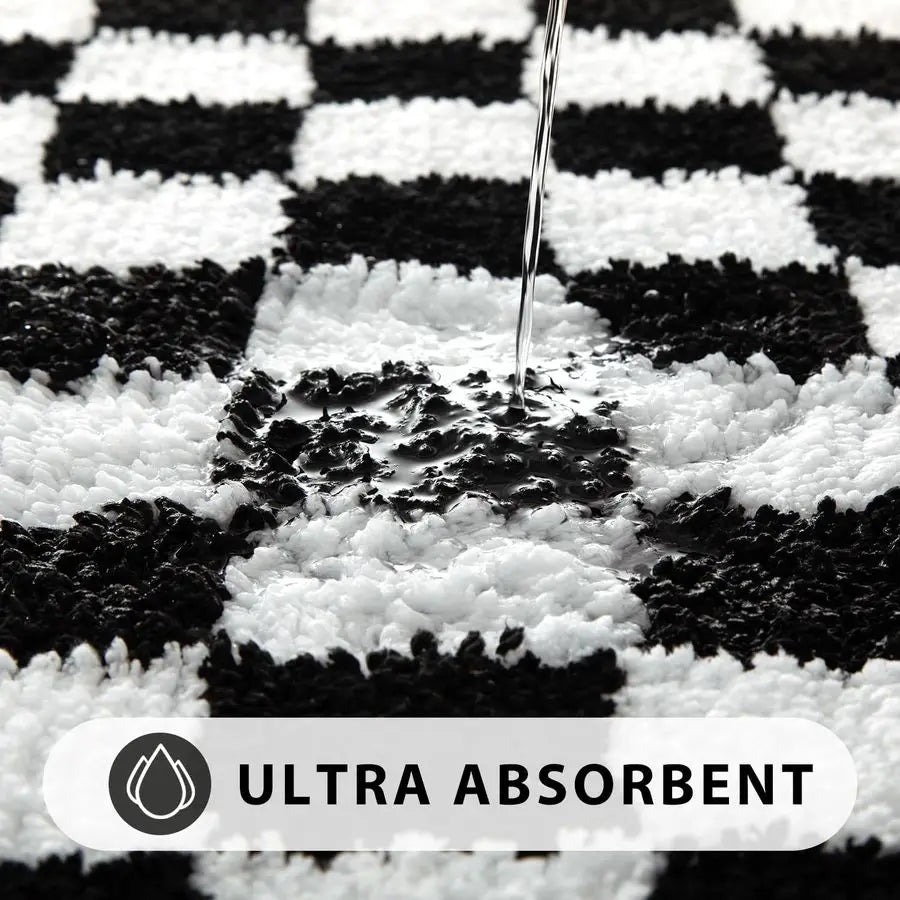 Bathroom Rugs Set 3 Piece Checkered Non Slip Plush Microfiber