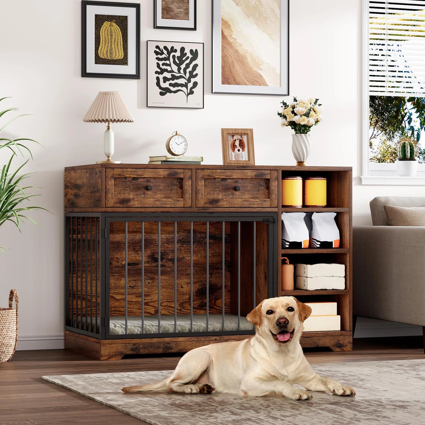 HiMISS Dog Crate Furniture TV Stand With Drawers And Shelves