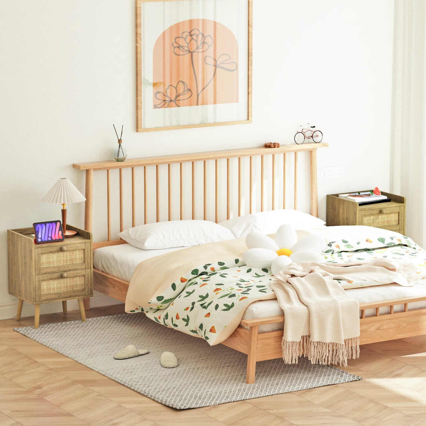 Rattan Nightstand With Charging Station And 2 Drawers, Rustic Bedside Table