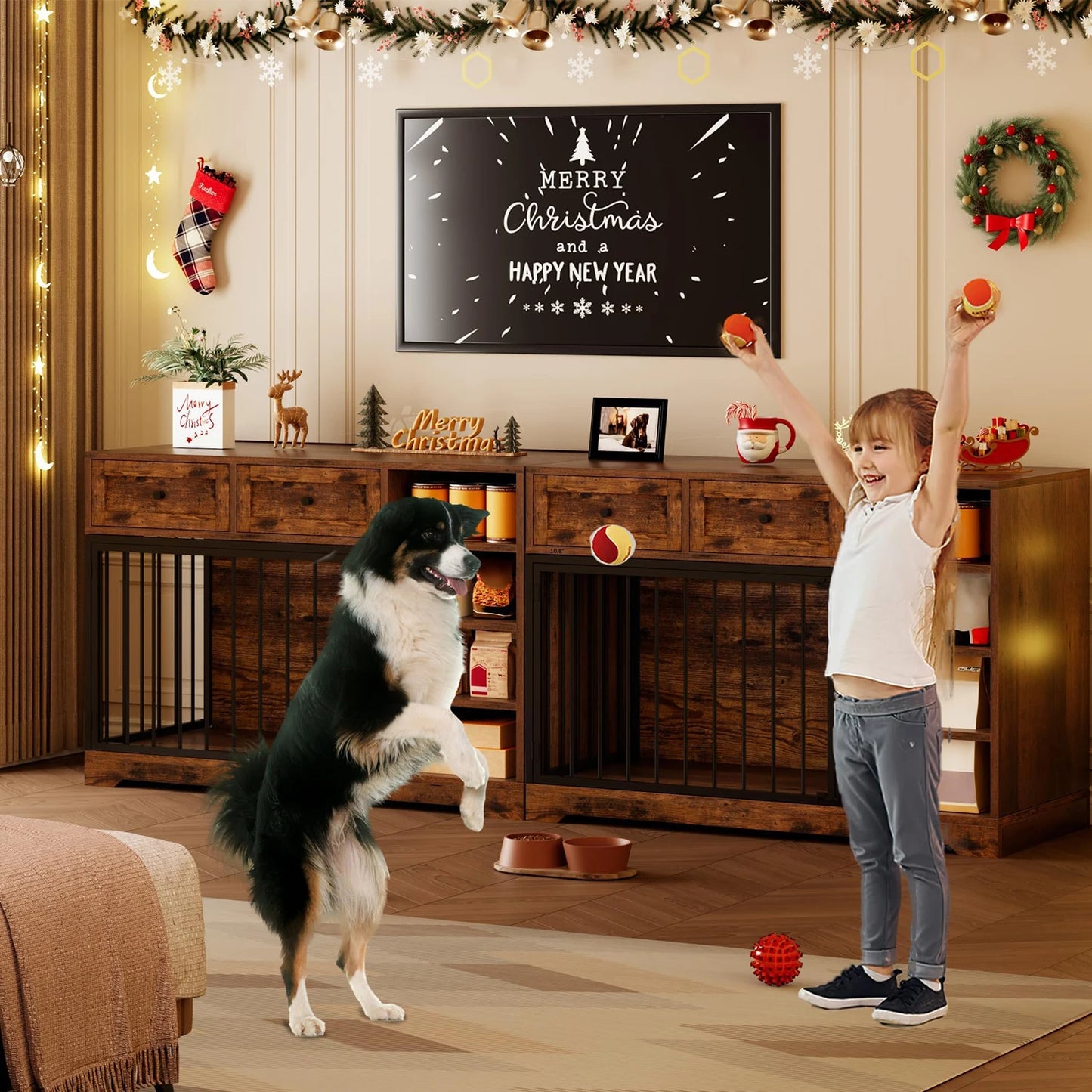 HiMISS Dog Crate Furniture TV Stand With Drawers And Shelves
