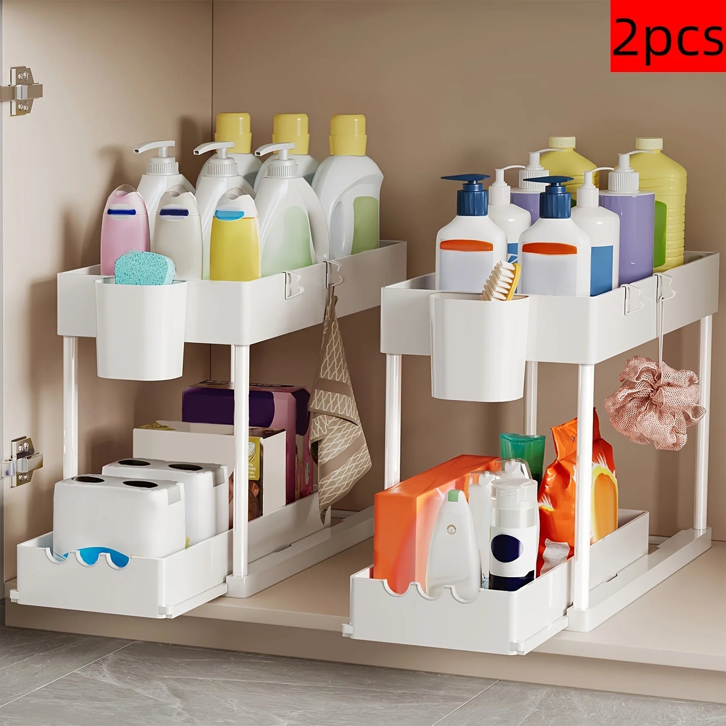 Two Tier Sliding Cabinet Organizer for Kitchen and Bathroom