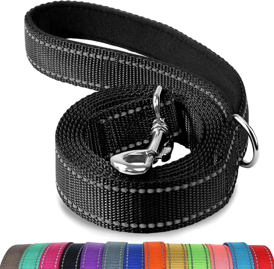 6 FT Double-Sided Reflective Dog Leash with Padded Handle, Heavy Duty Nylon for Medium & Large Dogs, Black