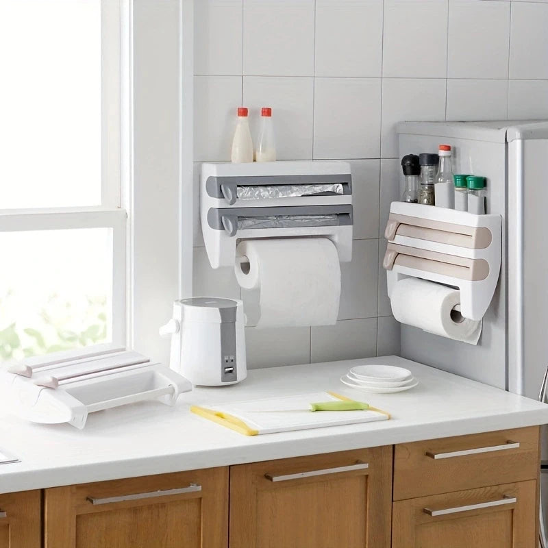 Kitchen Cling Film Organizer With Tin Foil Cutter And Paper Towel Holder